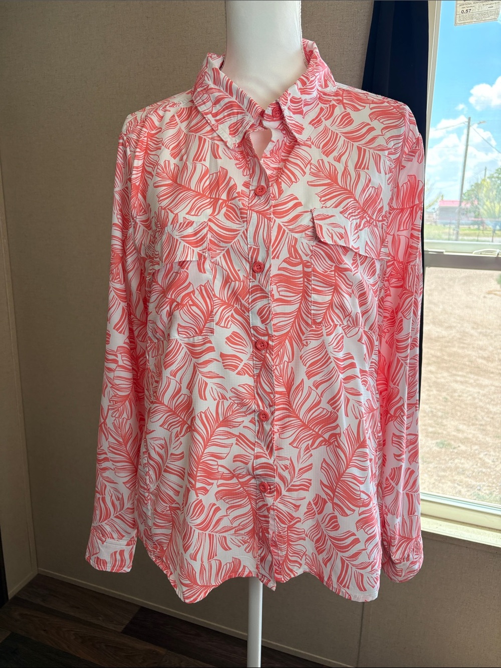 Silver Bait Coral Palm Print Long Roll Tab Sleeve Fishing Shirt Vented XL Hiking